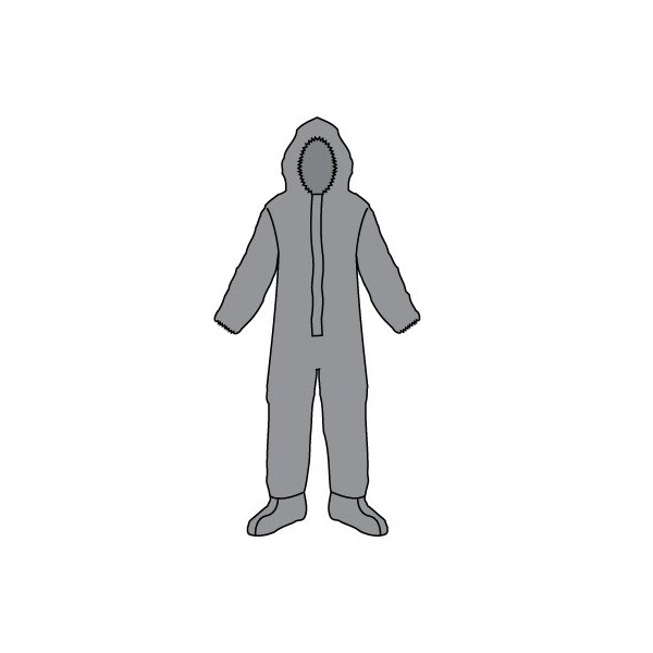 Disposable Coverallss, Hooded, 4X, Elastic Wrist, Attached Boots Ankle, Bound Seam, Gray, 12 PK